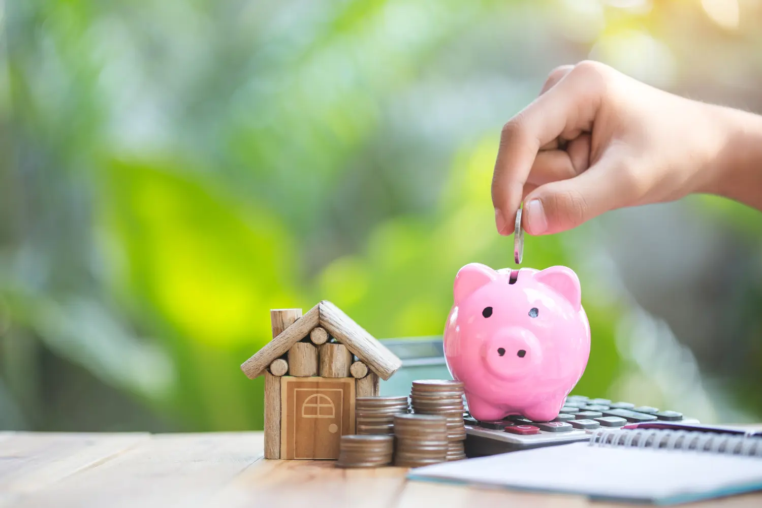 Das Sparschwein wird auf den Taschenrechner gestellt. Haus und Münze werden auf die Seite gelegt. Planung von Spargeldern in Form von Münzen zum Kauf eines Eigenheimkonzepts für Eigentum, Hypotheken und Immobilieninvestitionen. Zum Kauf eines Hauses.
