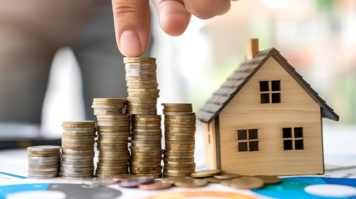 Stapeln von Münzen neben einem kleinen Modellhaus, das Spar-, Investitions- oder Immobilienfinanzierungskonzepte darstellt, mit einer Hand, die die Münzen stapelt.